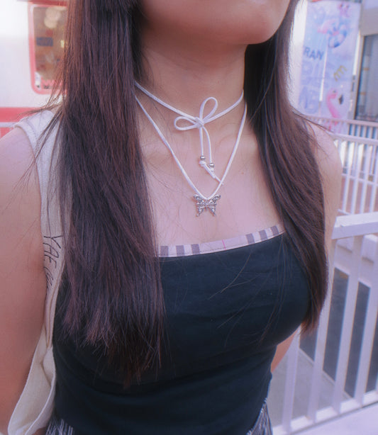 ✧.*Y2K: Jewel Butterfly White Ribbon Necklace*.✧