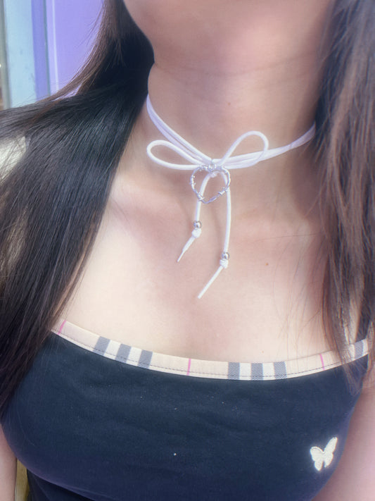 ✧.*Y2K: Grunge Heart White Ribbon Necklace*.✧